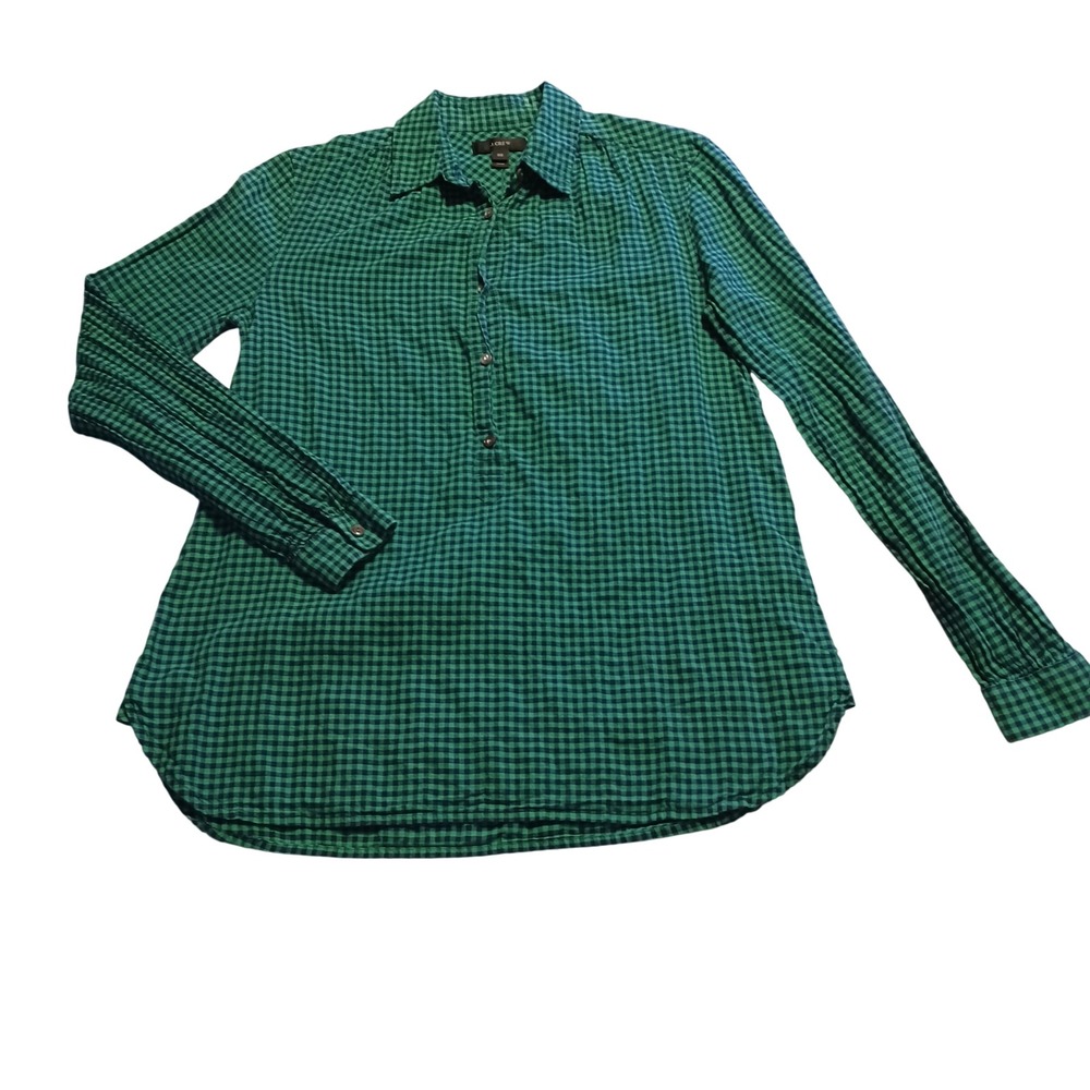 J.Crew Green Blue Gingham Plaid Popover Shirt Womens 00 F4818 Long Sleeve Top